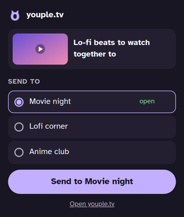 The extension's popup showing a video and a list of rooms with a Send to Movie night button