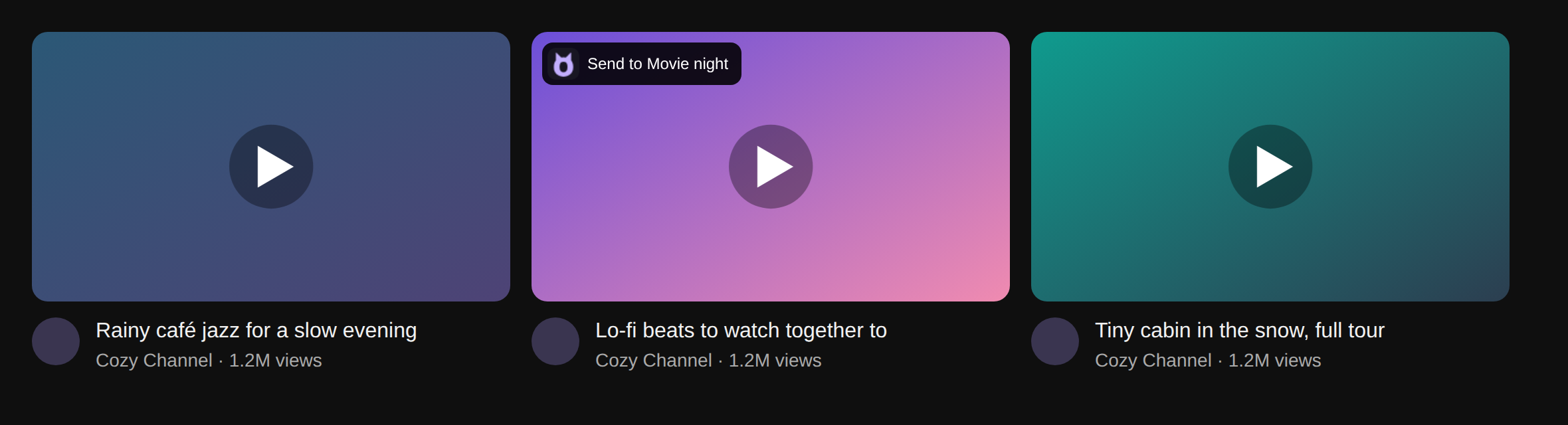 YouTube thumbnails with a Send to Movie night button on the one under the mouse